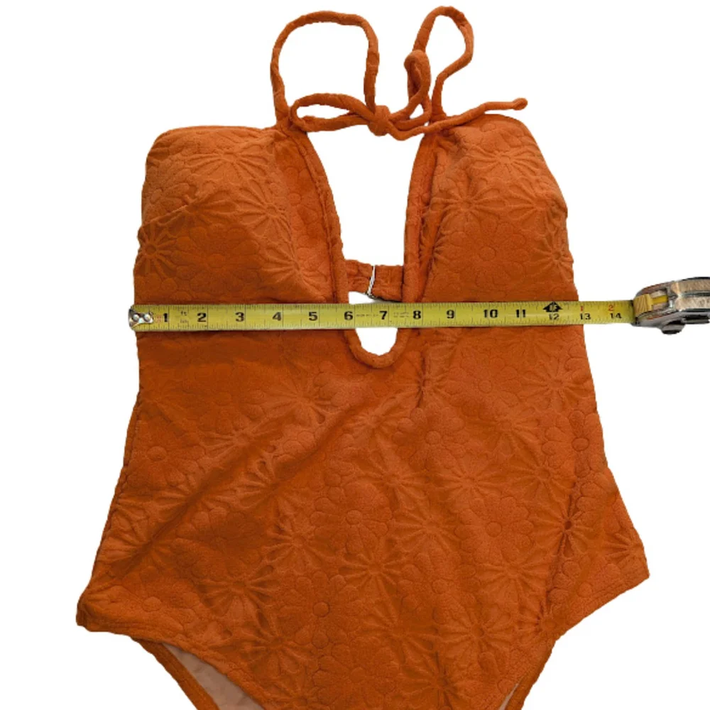 Orange Floral Textured One-Piece Swimsuit • S–M • 70's Vintage Vibe - Picture 5 of 7